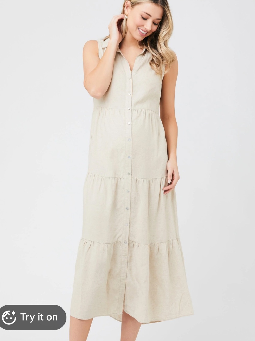 RIPE WOMENS MATERNITY TRACY TIERED LINEN MIDI DRESS NATURAL BEIGE MEDIUM